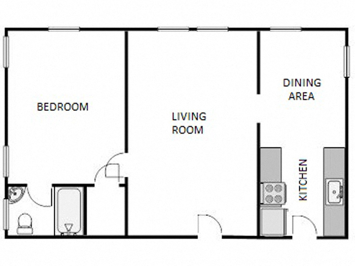 Floor plan for 1 bed, 1 bath, 700 sqft